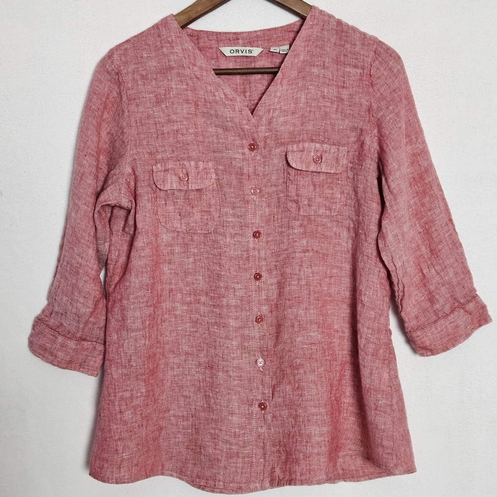 Orvis Pink Button Down 100% Linen Blouse Size Medium 3/4 Sleeves